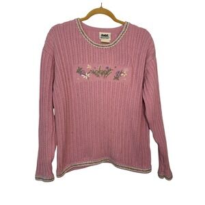 Vintage Northern Reflections Pink Floral Embroidered Cotton Cable Knit Sweater L
